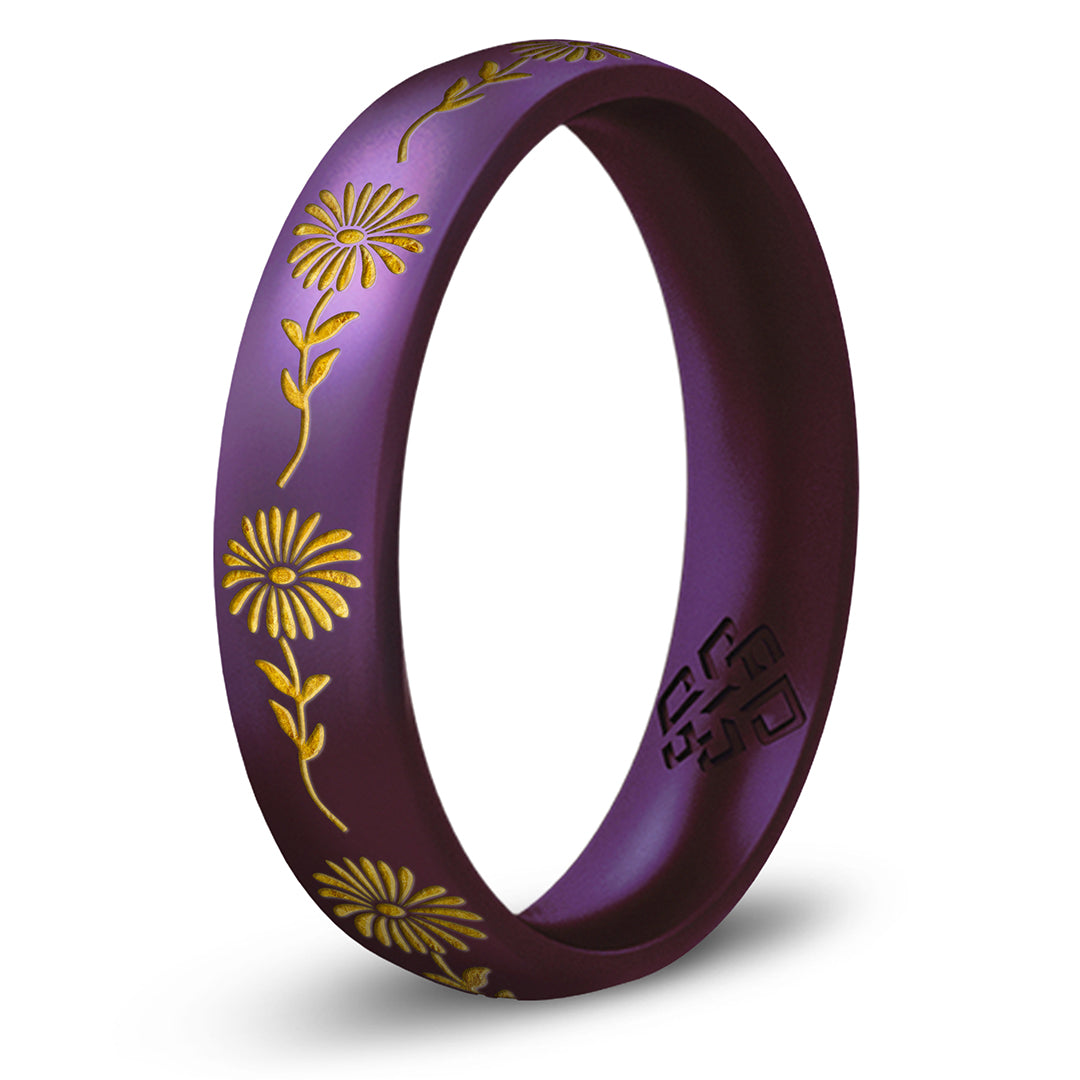 Aster Silicone Ring, September Birth Flower, Engraved with Gold Inlay