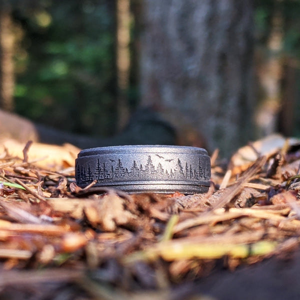 Custom Engraved Forest Trees Silicone Ring in Metal Blue, Dark Silver, Black, Green, or Teal