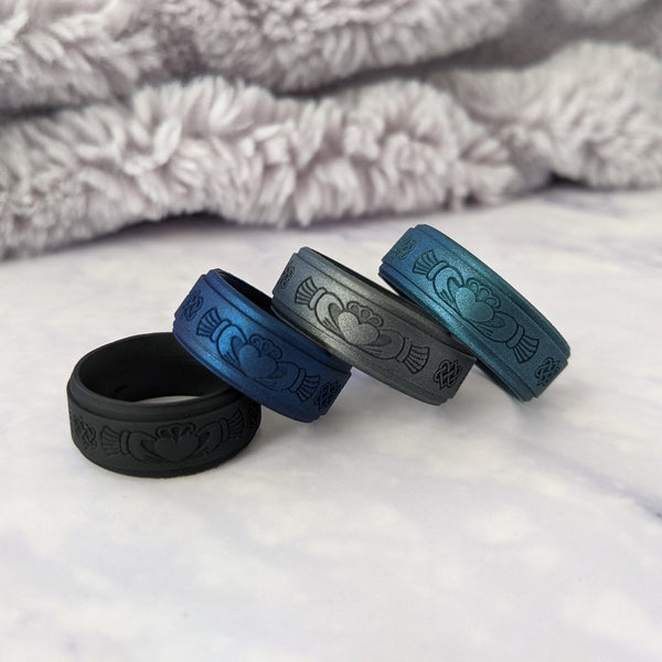 Engraved Claddagh Silicone Ring for Men in Black, Dark Silver, Metal Blue, or Metal Teal