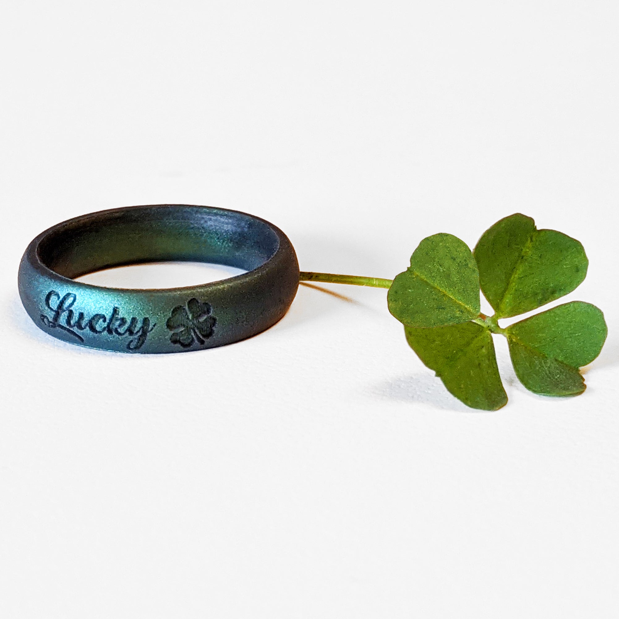 Lucky Clover Engraved Silicone Ring in Enchanted Forest Green