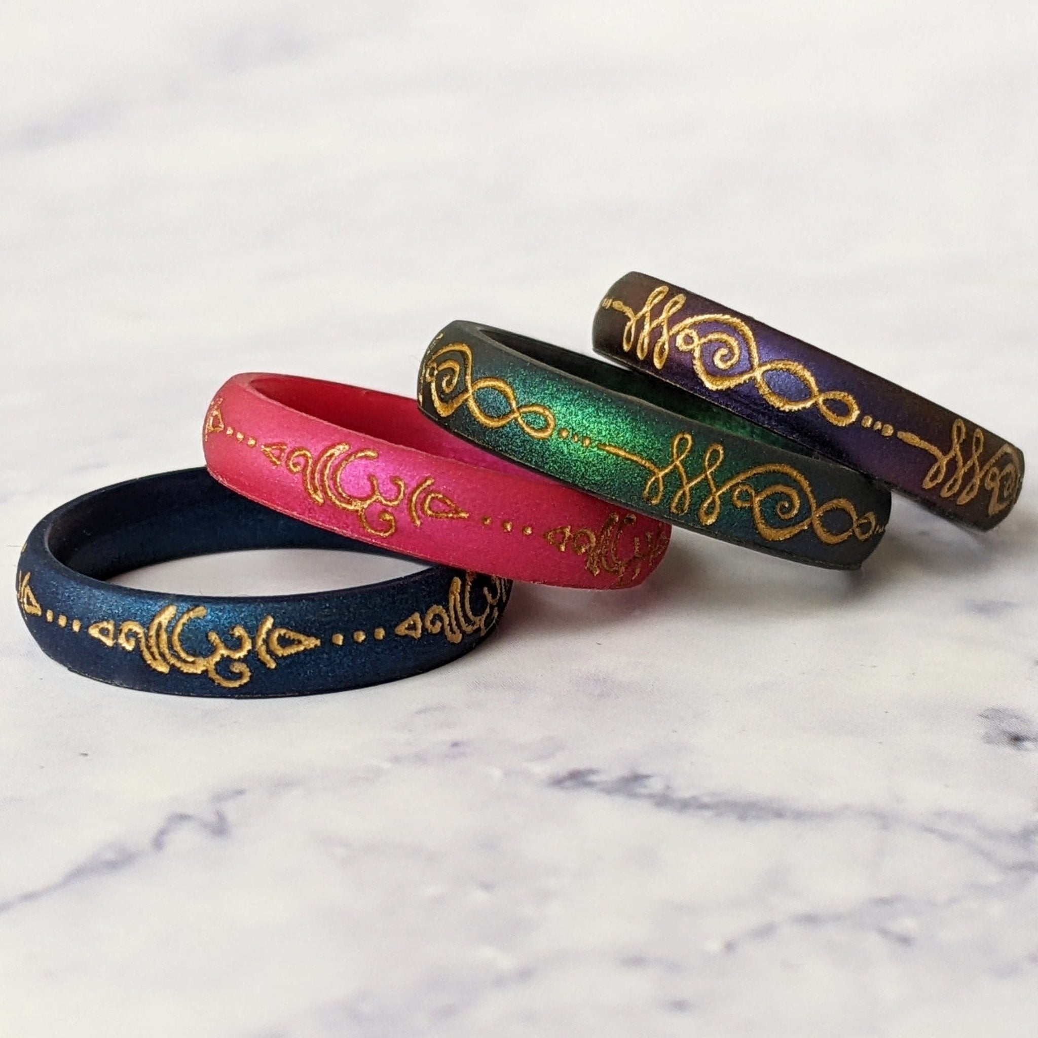 Gold Sanskrit Breathe Om Silicone Ring on Arc 4mm Band