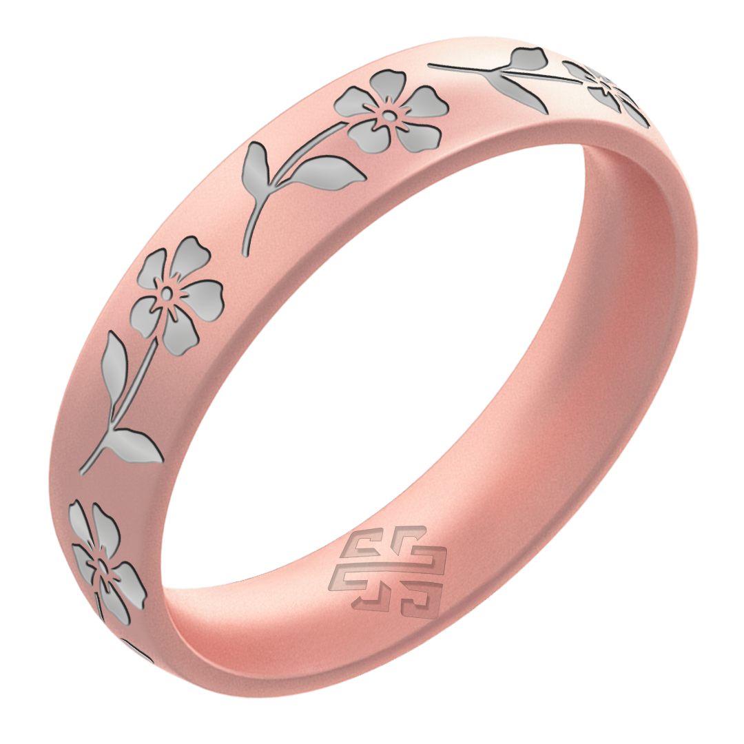 Silver Primrose Silicone Ring, February Birth Flower on Arc 4mm