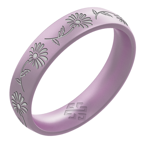 Silver Daisy Silicone Ring, April Birth Flower on Arc 4mm