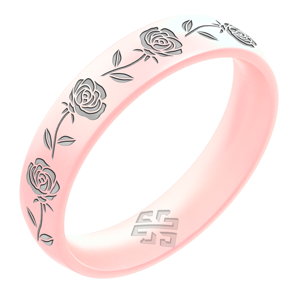 Silver Rose Silicone Ring, June Birth Flower on Arc 4mm