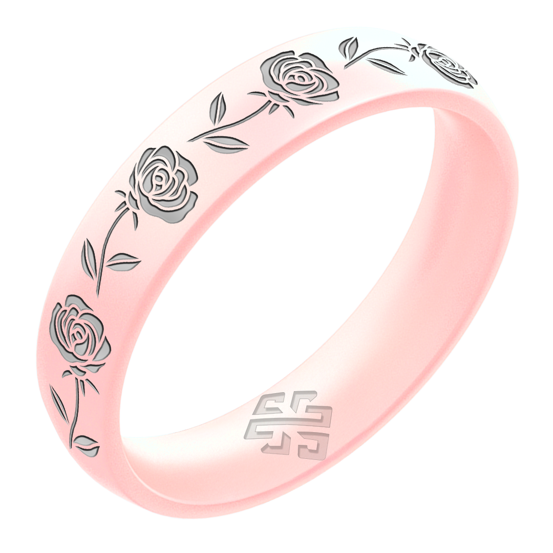 Silver Rose Silicone Ring, June Birth Flower on Arc 4mm