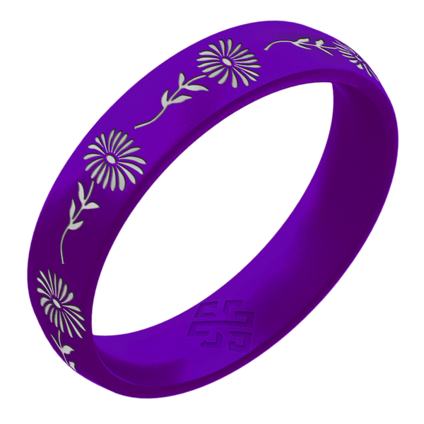 Silver Aster Silicone Ring, September Birth Flower on Arc 4mm