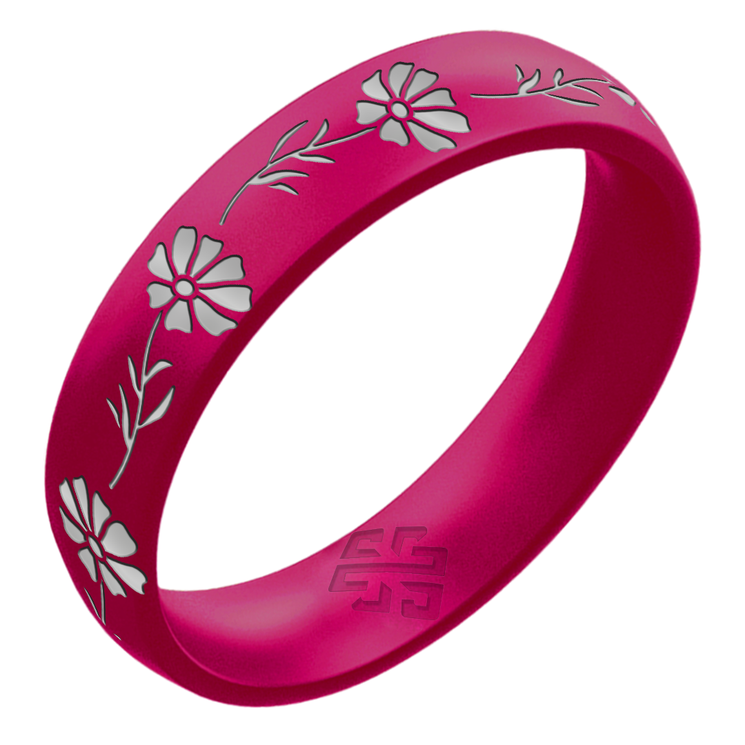 Silver Cosmos Silicone Ring, October Birth Flower on Arc 4mm
