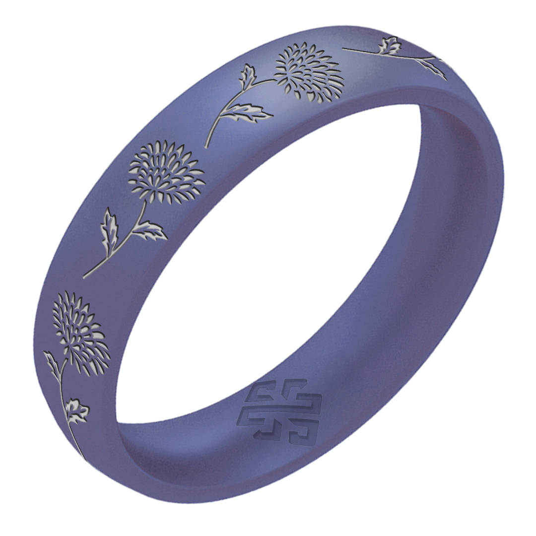 Silver Chrysanthemum Silicone Ring, November Birth Flower on Arc 4mm