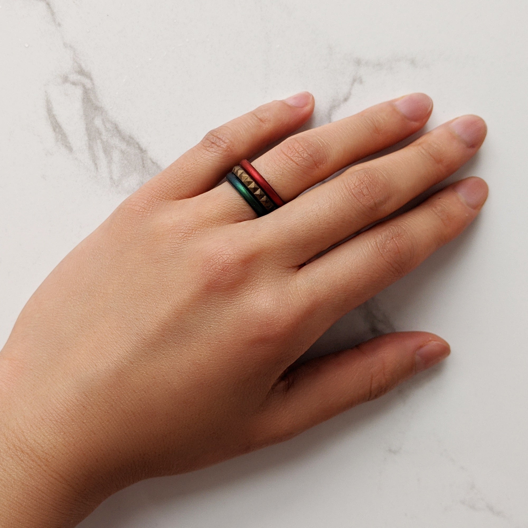 Metallic Red Garnet Stackable Slim Thin Silicone Ring for Women