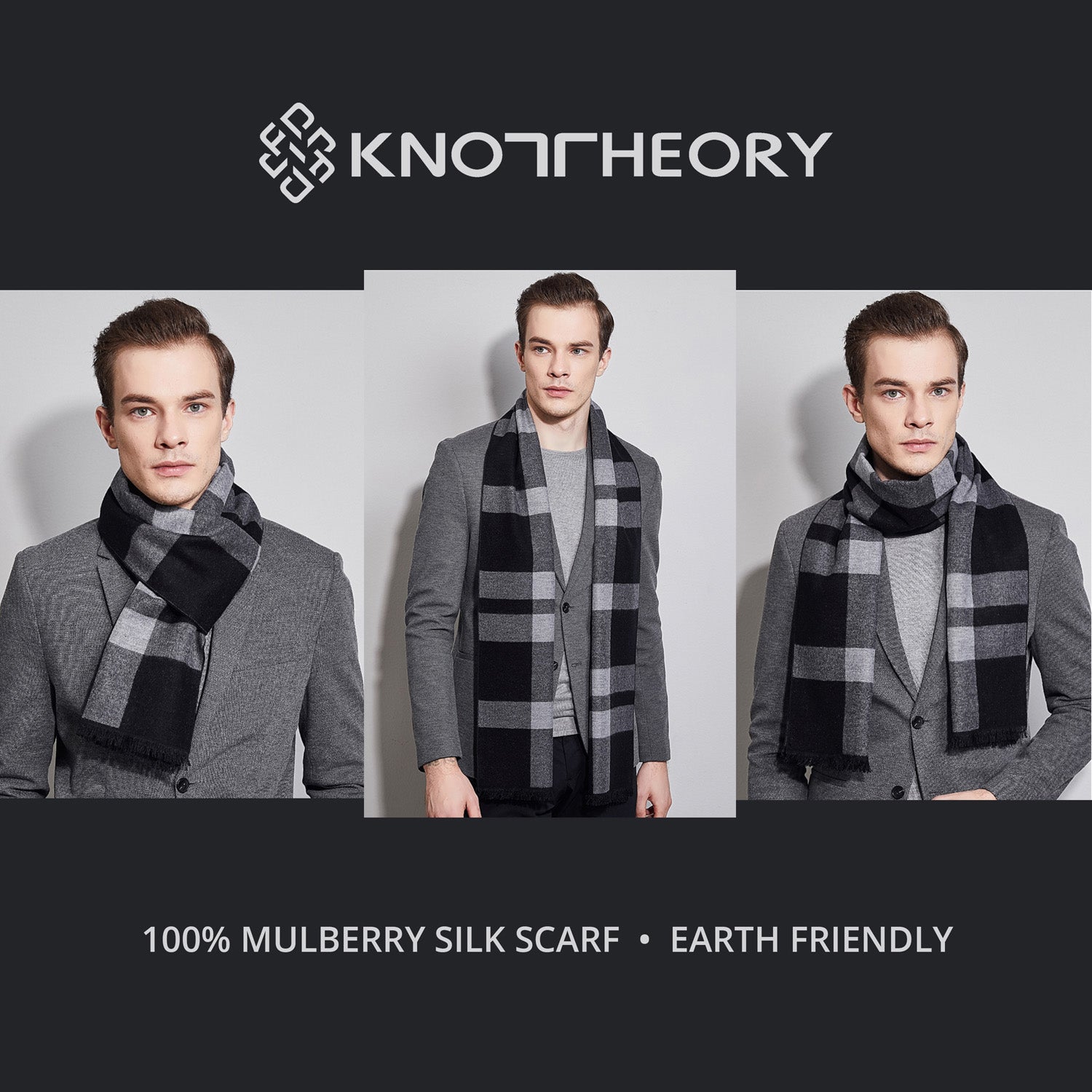 Black Grey Tartan Eco Scarf - Softer than Cashmere 100% Silk - Knot Theory
