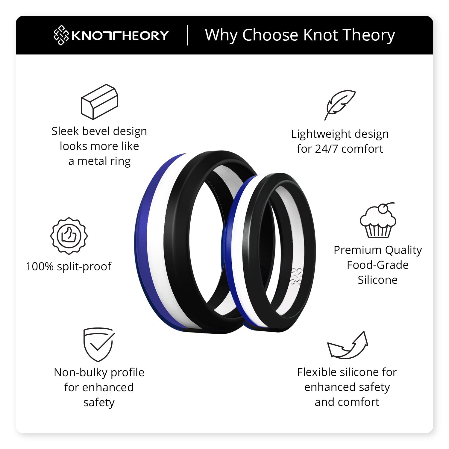 Blue White Black Stripe Silicone Ring for Men and Women - Knot Theory