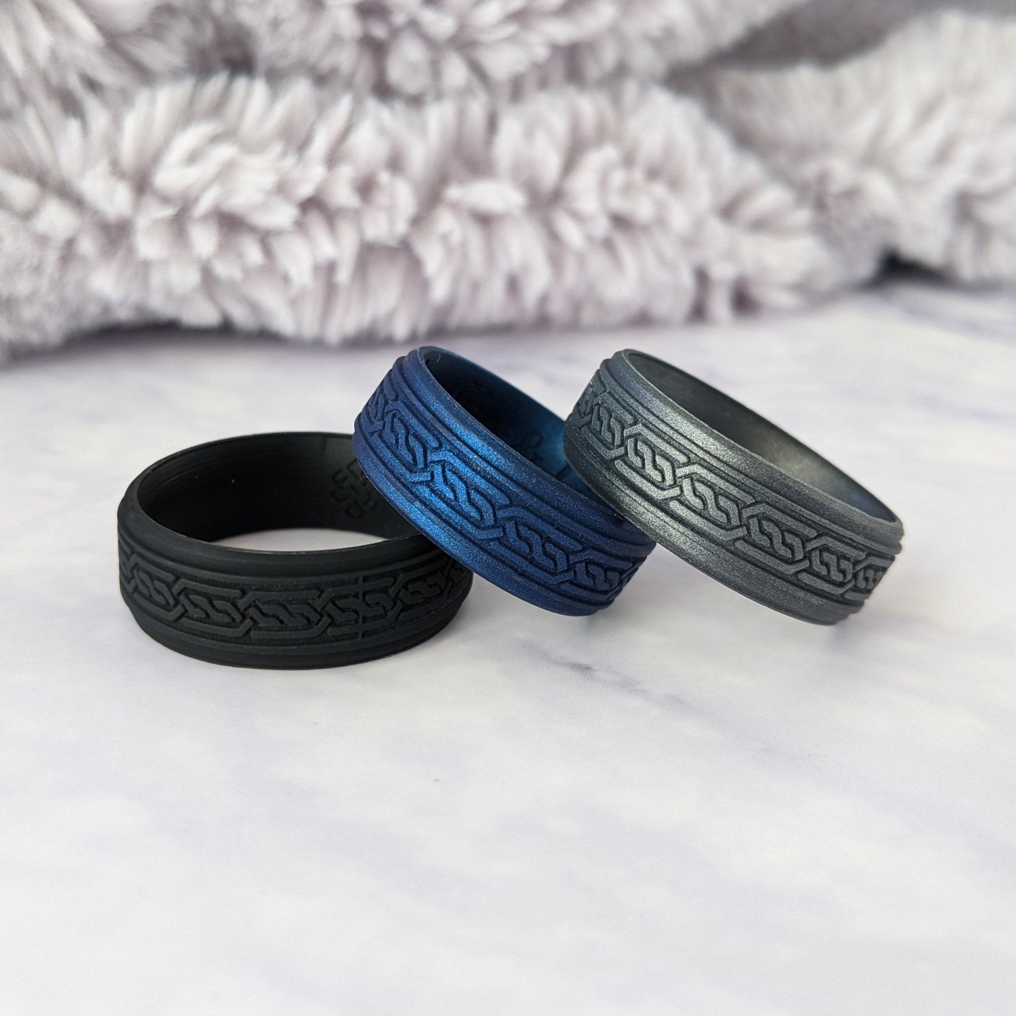 Custom Engraved Celtic Knot Braid Silicone Ring in Metal Blue, Dark Silver, Black, or Metal Teal - Knot Theory