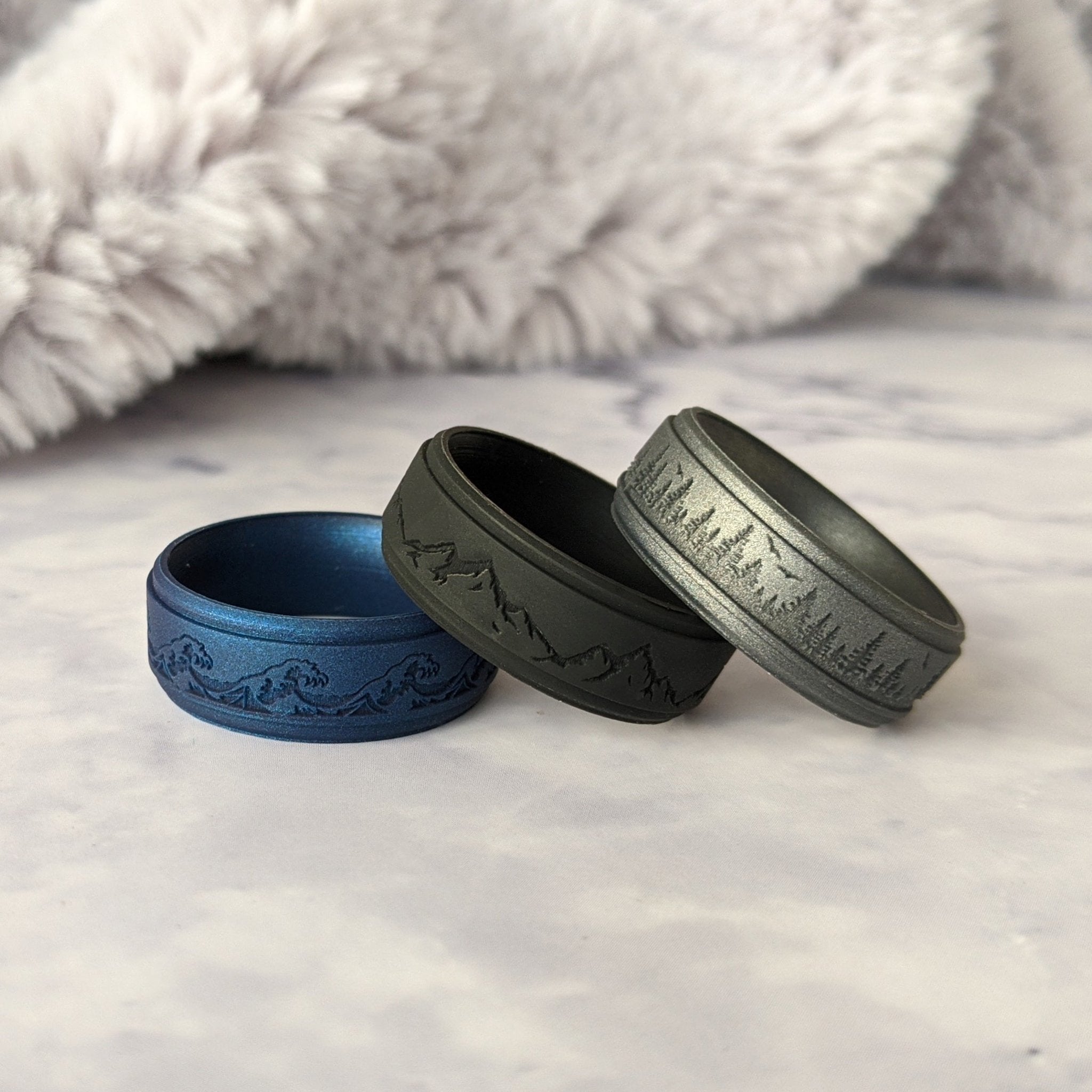 Custom Engraved Forest Trees Silicone Ring in Metal Blue, Dark Silver, Black, Green, or Teal - Knot Theory