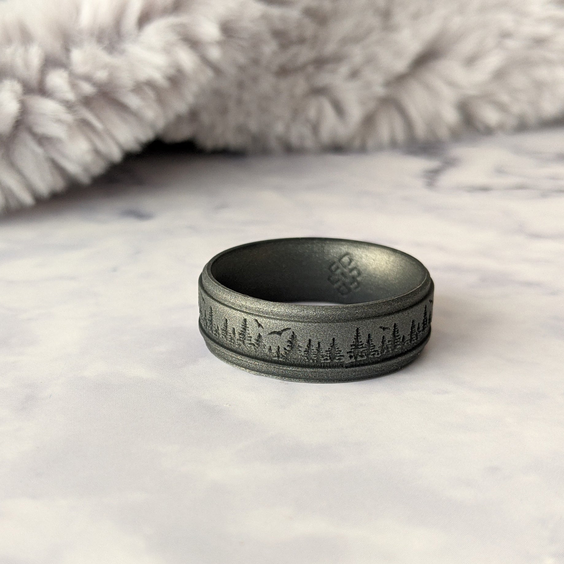 Custom Engraved Forest Trees Silicone Ring in Metal Blue, Dark Silver, Black, Green, or Teal - Knot Theory