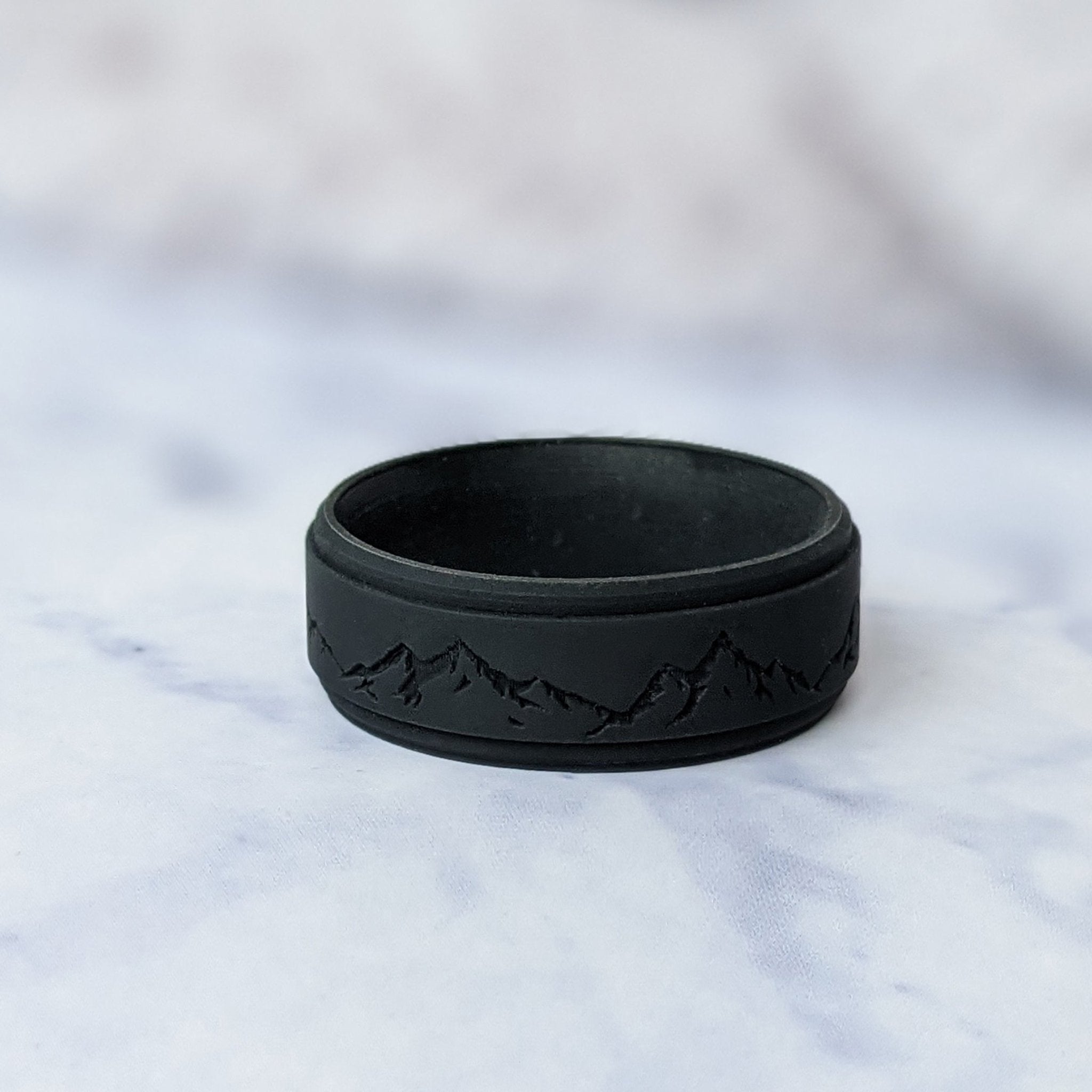 Custom Engraved Mountain Silicone Ring in Metal Blue, Dark Silver, Black, or Teal - Knot Theory