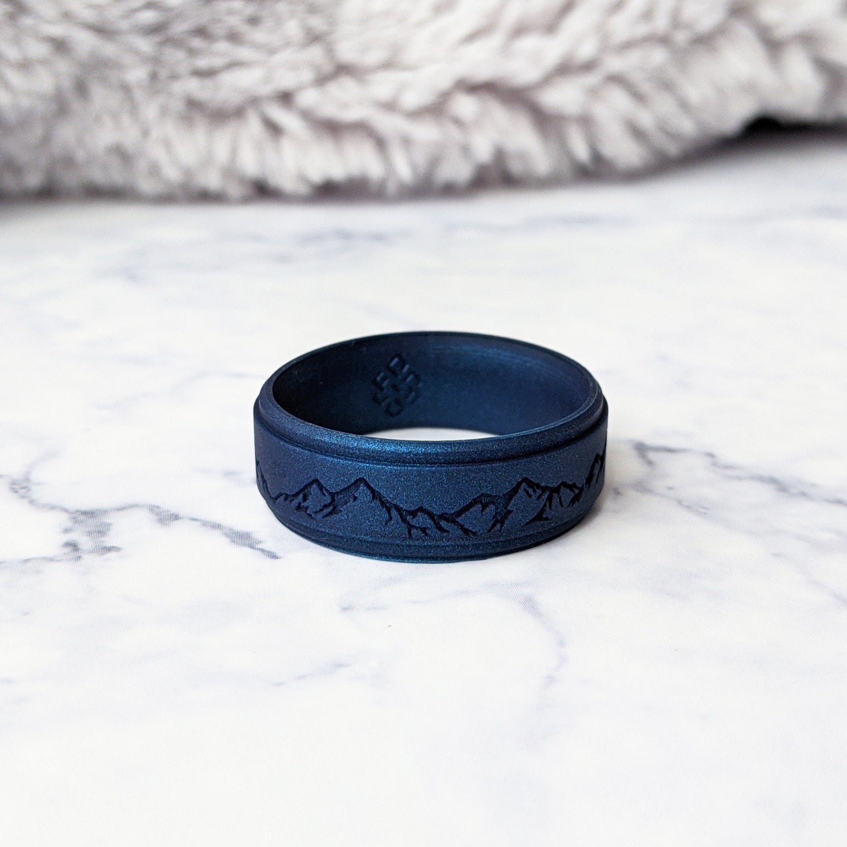 Custom Engraved Mountain Silicone Ring in Metal Blue, Dark Silver, Black, or Teal - Knot Theory