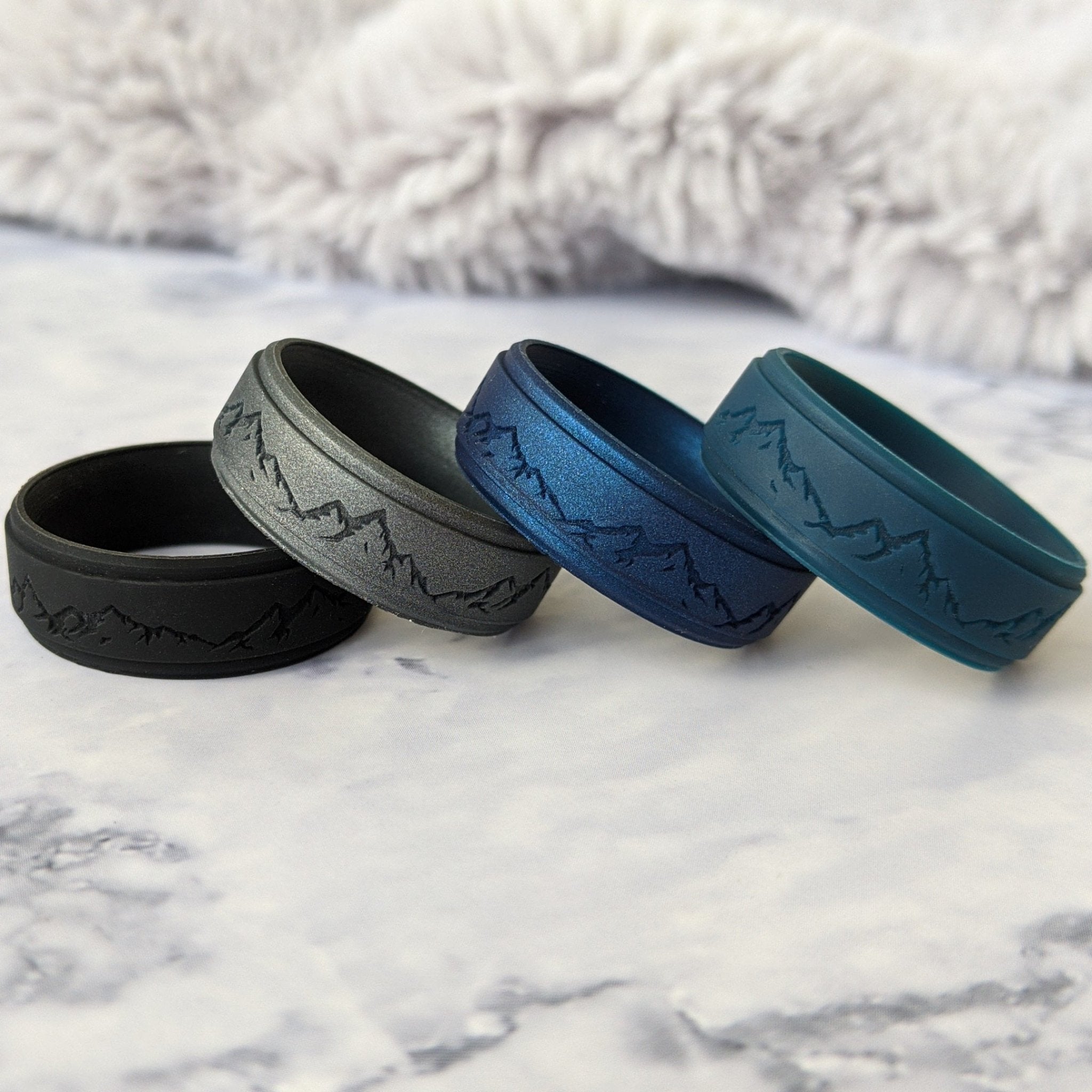 Custom Engraved Mountain Silicone Ring in Metal Blue, Dark Silver, Black, or Teal - Knot Theory