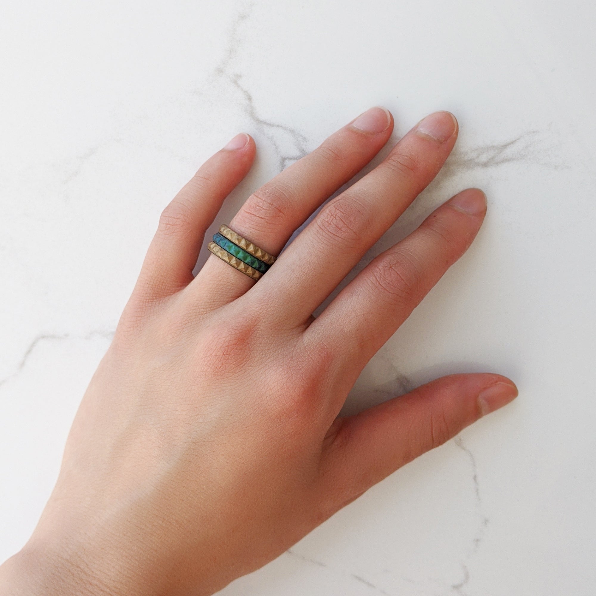 Enchanted Green Pyramid Stackable Slim Thin Silicone Ring for Women - Knot Theory