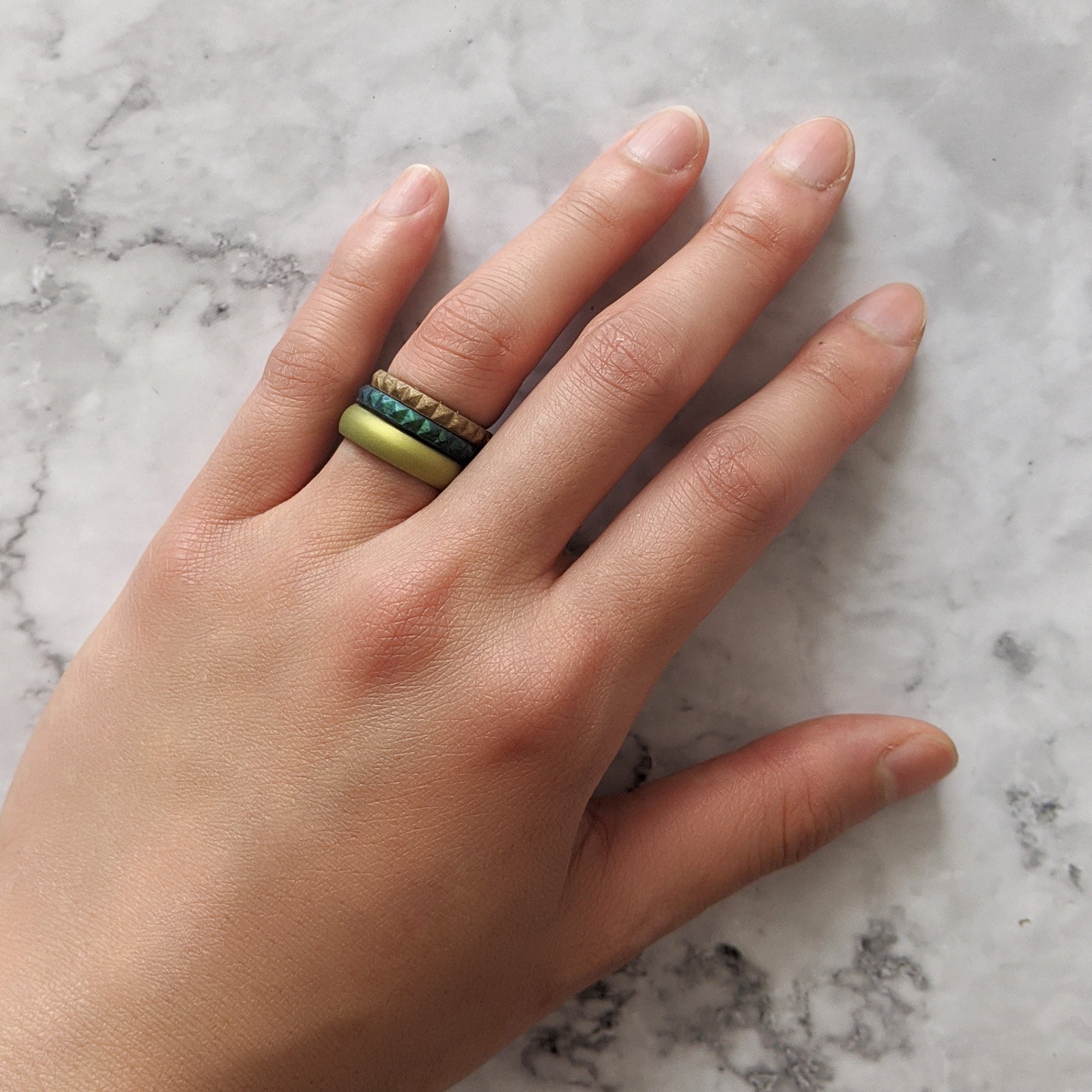 Enchanted Green Pyramid Stackable Slim Thin Silicone Ring for Women - Knot Theory