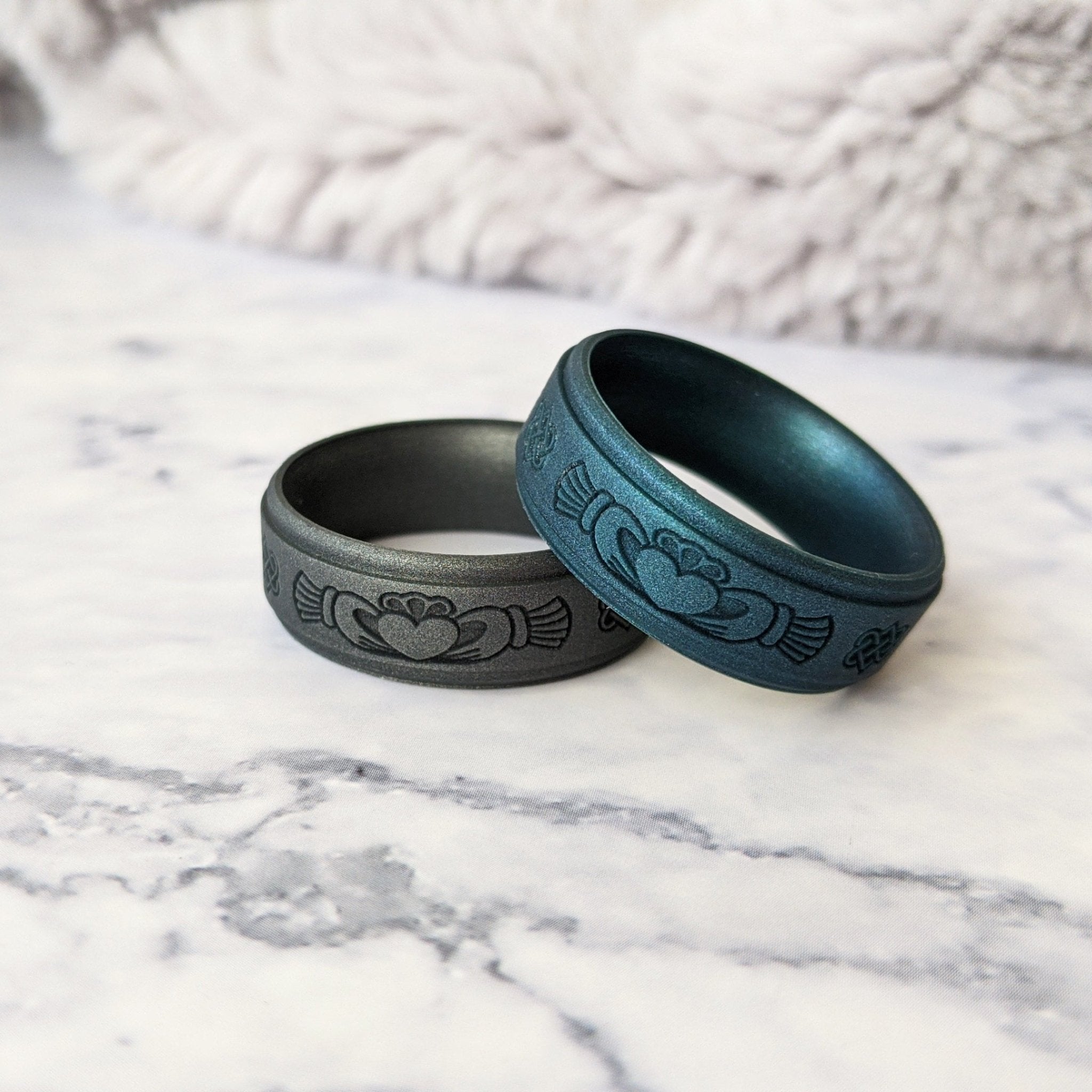 Engraved Claddagh Silicone Ring for Men in Black, Dark Silver, Metal Blue, or Metal Teal - Knot Theory