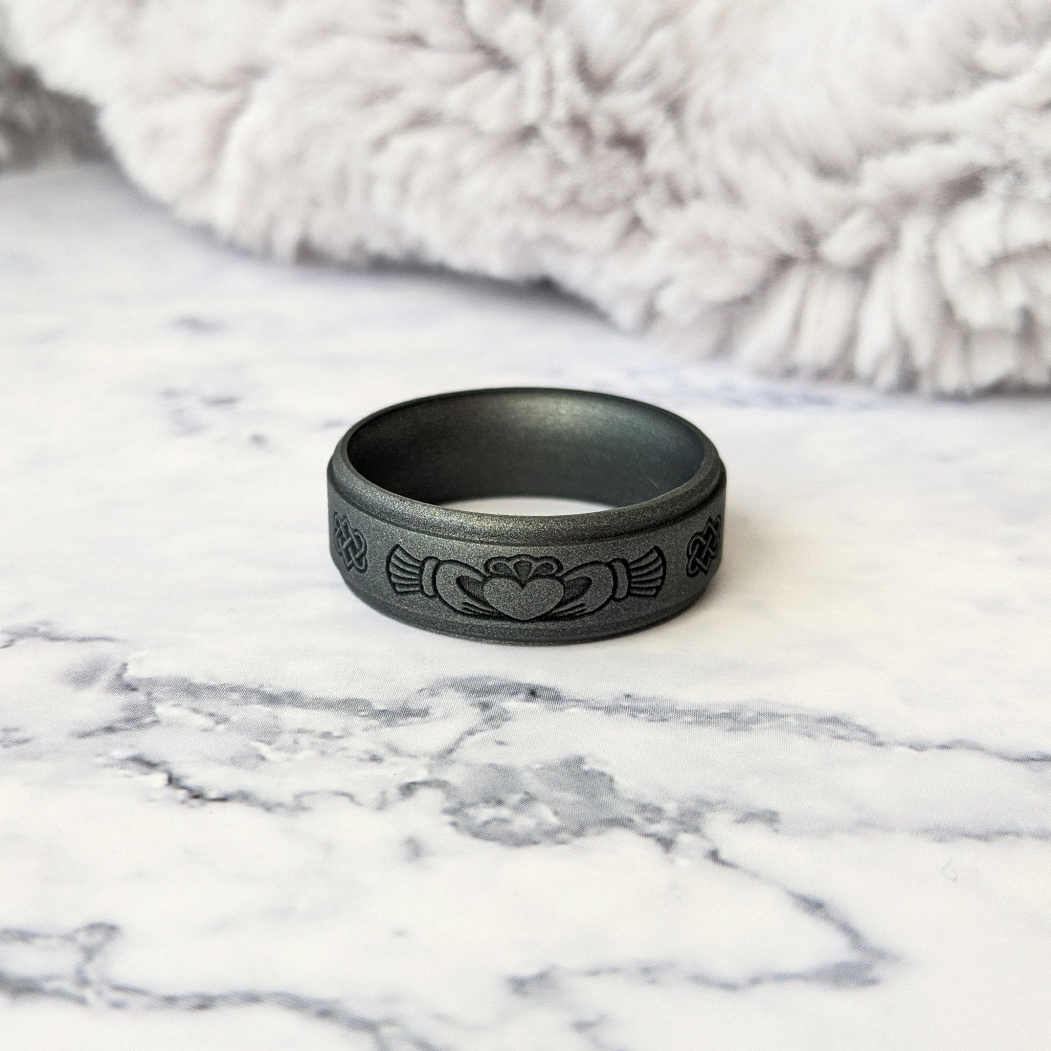 Engraved Claddagh Silicone Ring for Men in Black, Dark Silver, Metal Blue, or Metal Teal - Knot Theory