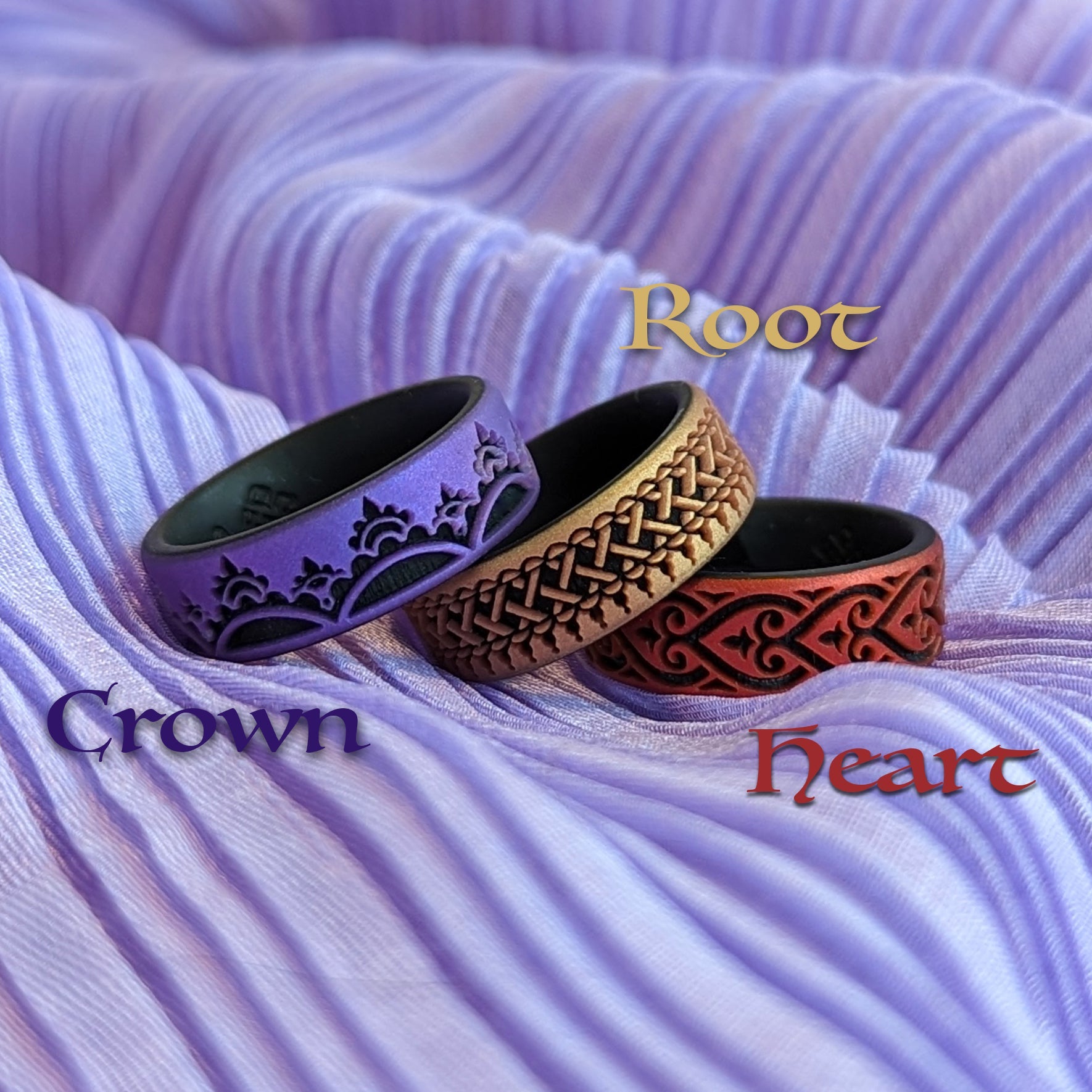 Hearts Silicone Wedding Ring - Chakra & Mehndi Henna Inspired - Engraved Dual Layer - Knot Theory