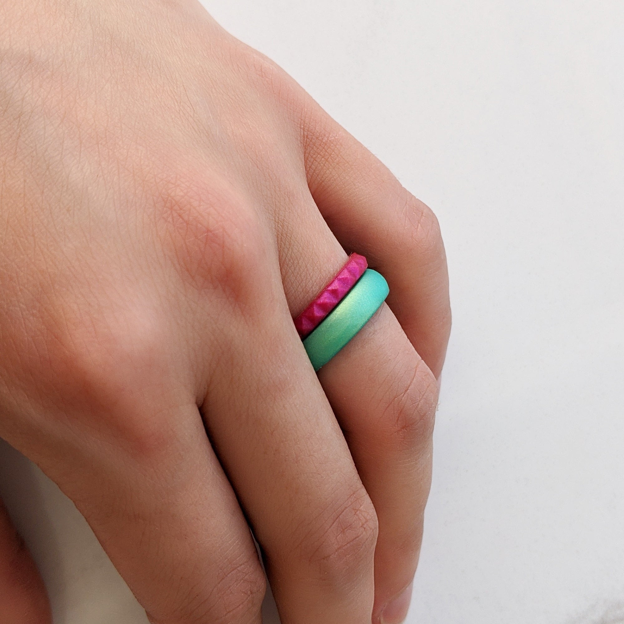 Metallic Fuchsia Tourmaline Pyramid Stackable Slim Thin Silicone Ring for Women - Knot Theory
