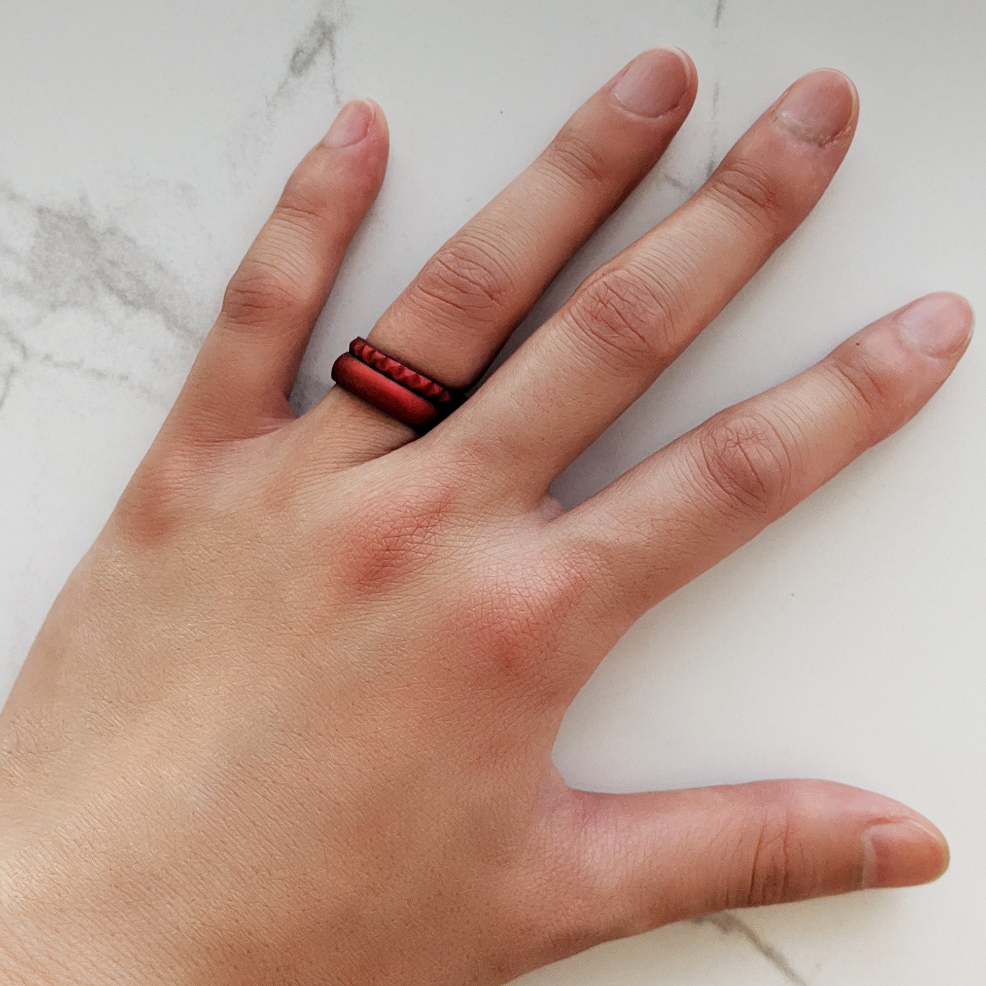 Metallic Red Garnet Pyramid Stackable Slim Thin Silicone Ring for Women - Knot Theory