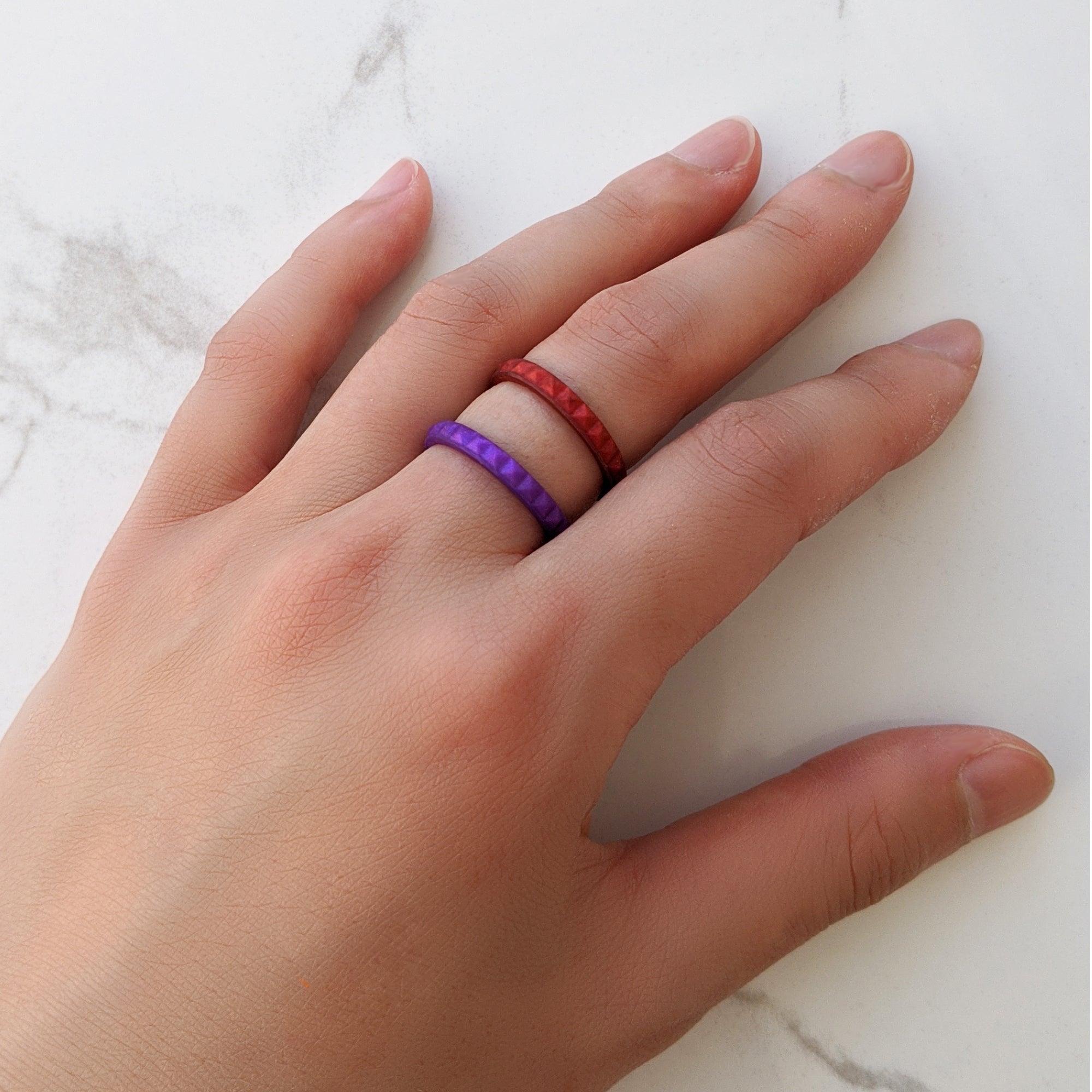 Metallic Red Garnet Pyramid Stackable Slim Thin Silicone Ring for Women - Knot Theory