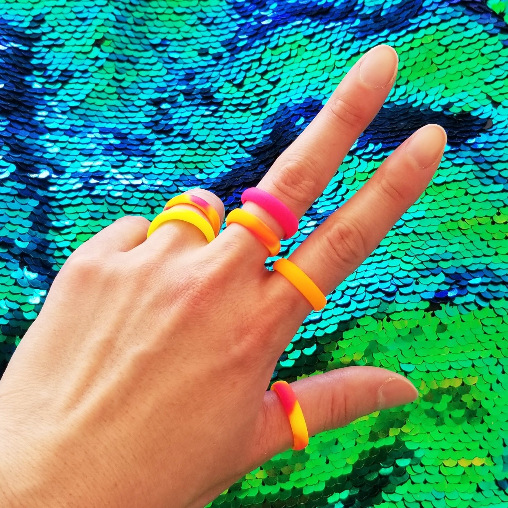 Neon Orange Yellow Pink Swirl Breathable Silicone Ring - Knot Theory