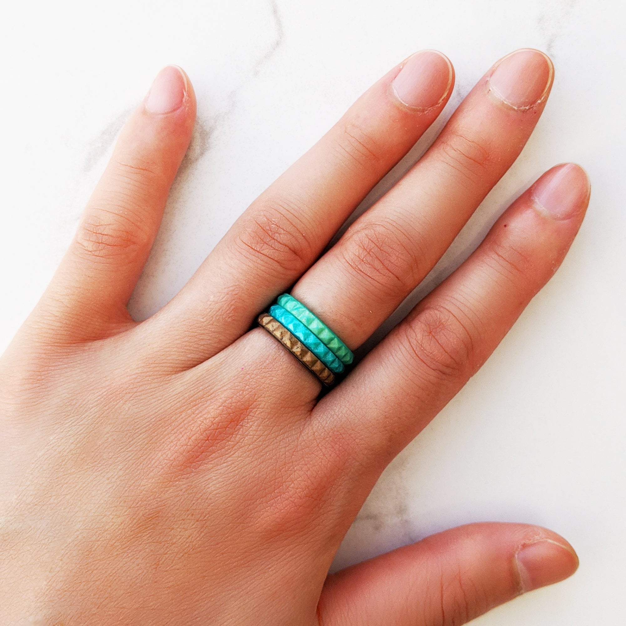 Enchanted Green Pyramid Stackable Slim Thin Silicone Ring for Women