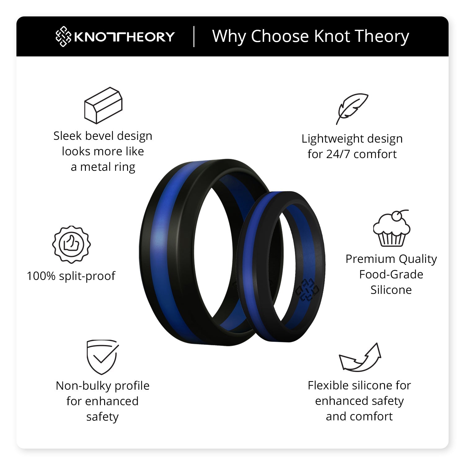 Thin Blue Line Striped Silicone Ring For Men and Women - Knot Theory